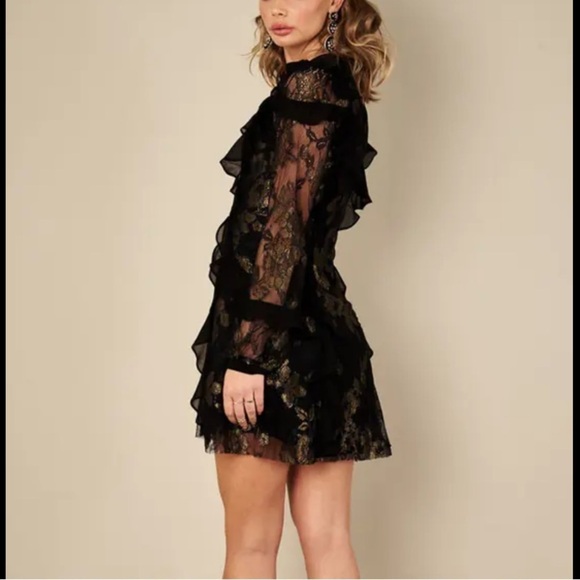 For Love & Lemons Floral Lace Ruffle Black & Gold Dress - Picture 11 of 11